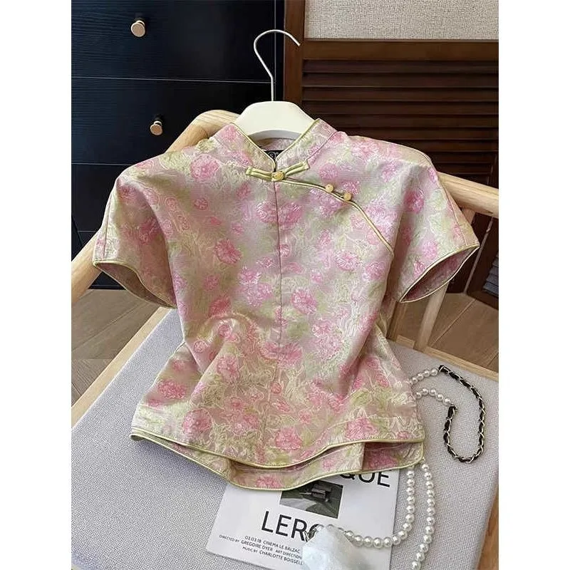 

Новейшая модная повседневная блузка в китайском ретро-стиле с пуговицами, розовая, с коротким рукавом, летняя, с элегантным и изысканным видом