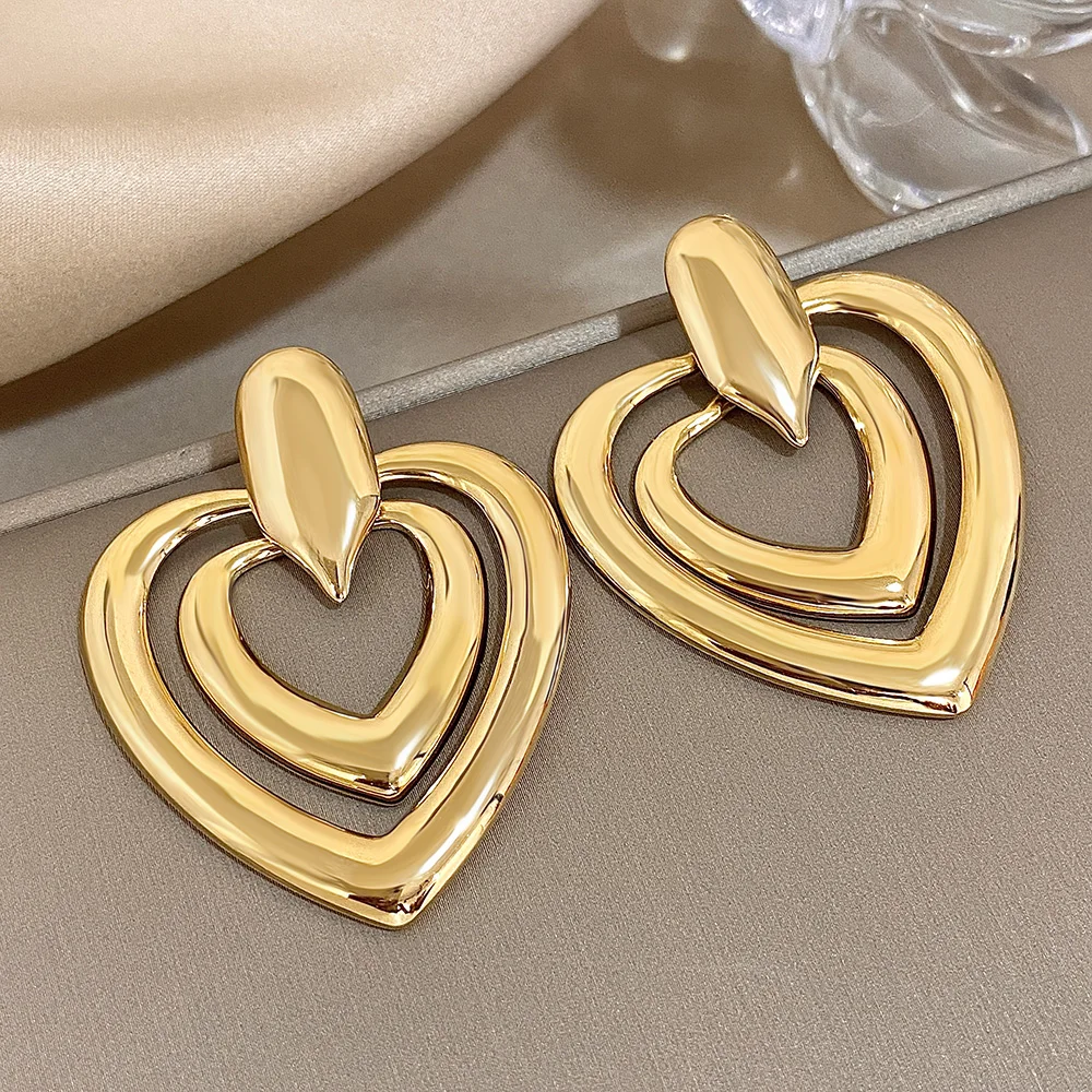 Exaggerated Gold Plated Stainless Steel Drop Earrings for Women Geometric Doubelayer Circle Love Waterdrop Earring Charm Jewelry