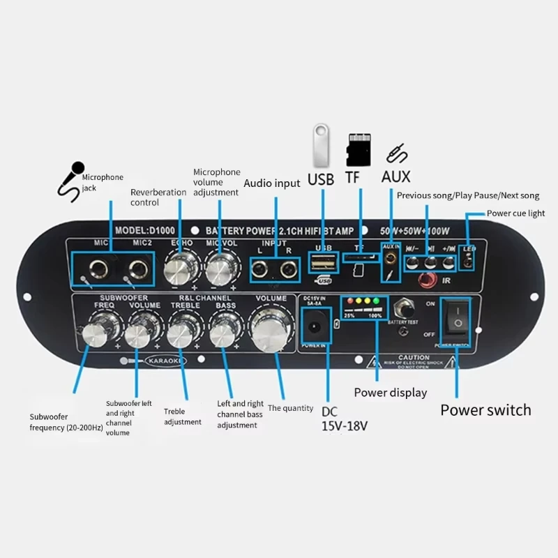 WOOPKER D1000 Scheda amplificatore Bluetooth 50W + 50W + 100W 2.1 canali BT5.0 Amplificatore subwoofer ricaricabile per auto Karaoke domestico