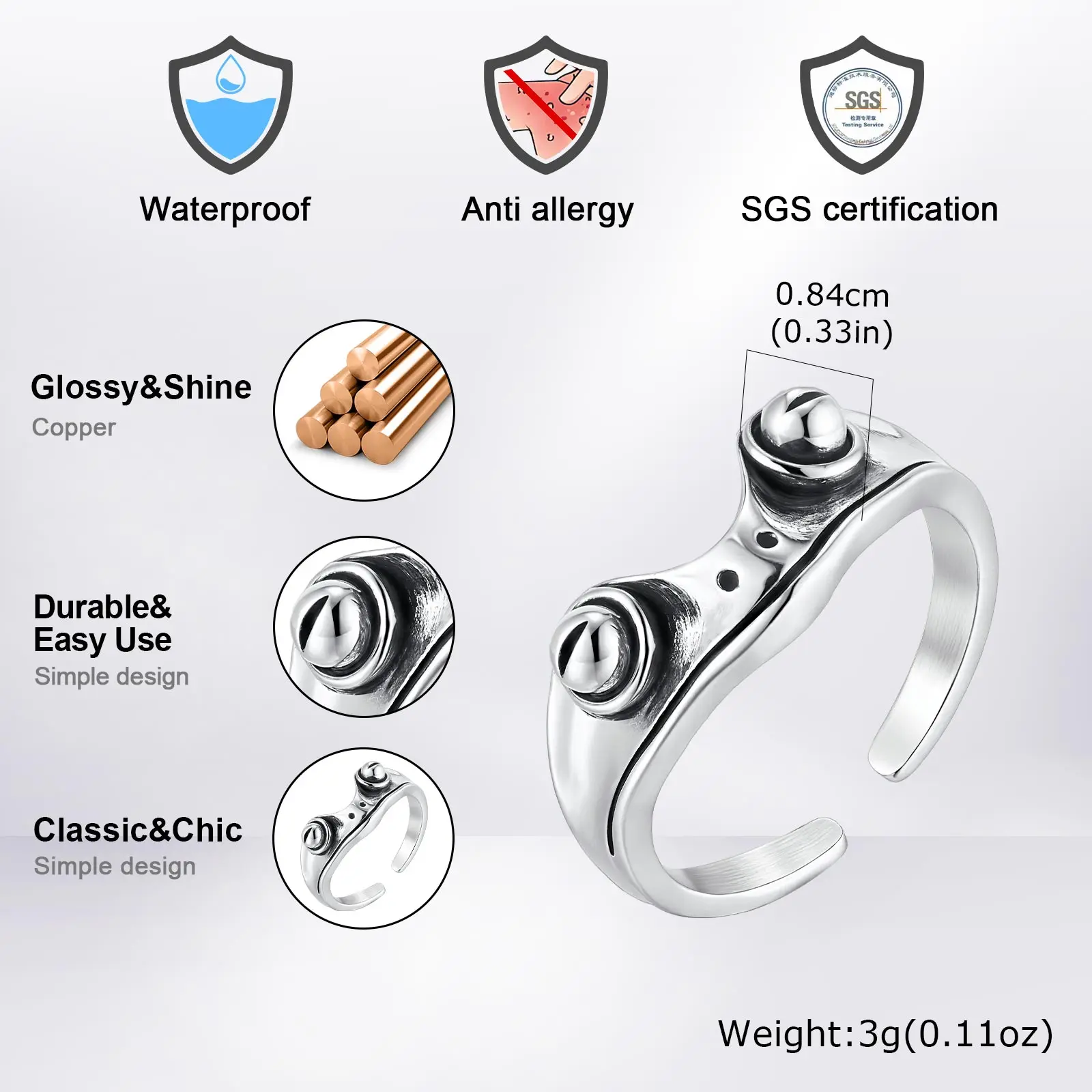Fashion Retro Gothic Metal Frog Ring For Men Women, Vintage Silver Color Adjustable Open Ring, Hip Hop Party Jewelry Gift view 6