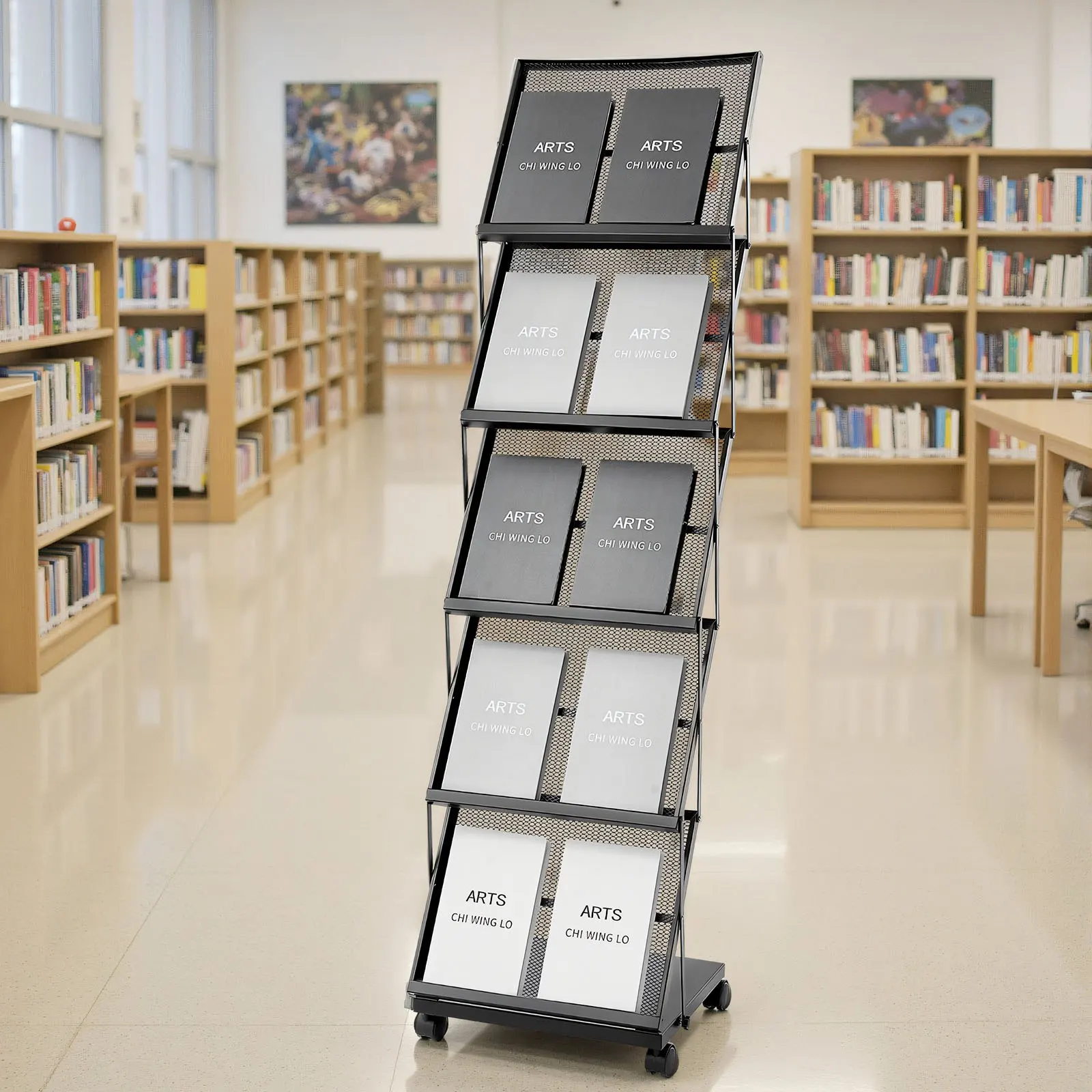 Présentoir pliable à roulettes pour brochures, 5 poches, support autoportant pour magazines et catalogues, idéal pour salons professionnels et expositions