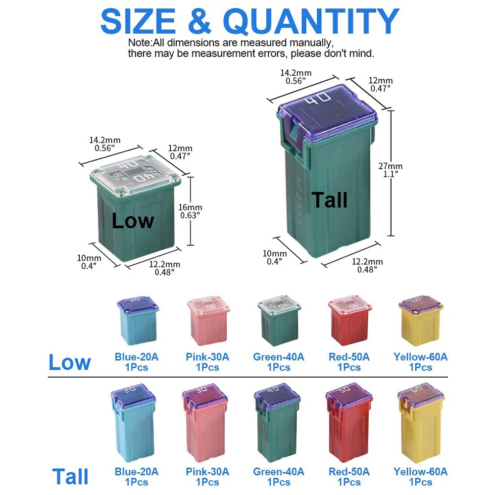 10 piece automotive low and high/standard box fuse 20A 30A 40A 50A 60A fuse combination kit for pickup trucks, cars and SUV