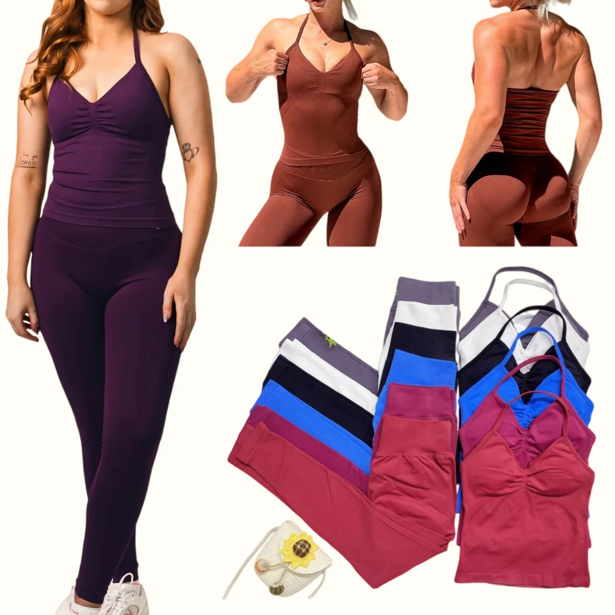 Women's Seamless Yoga pants Set Longline Strappy Tank Top And Scrunch Sports leggings 2-Piece Gym Workout Outfit Fitness C