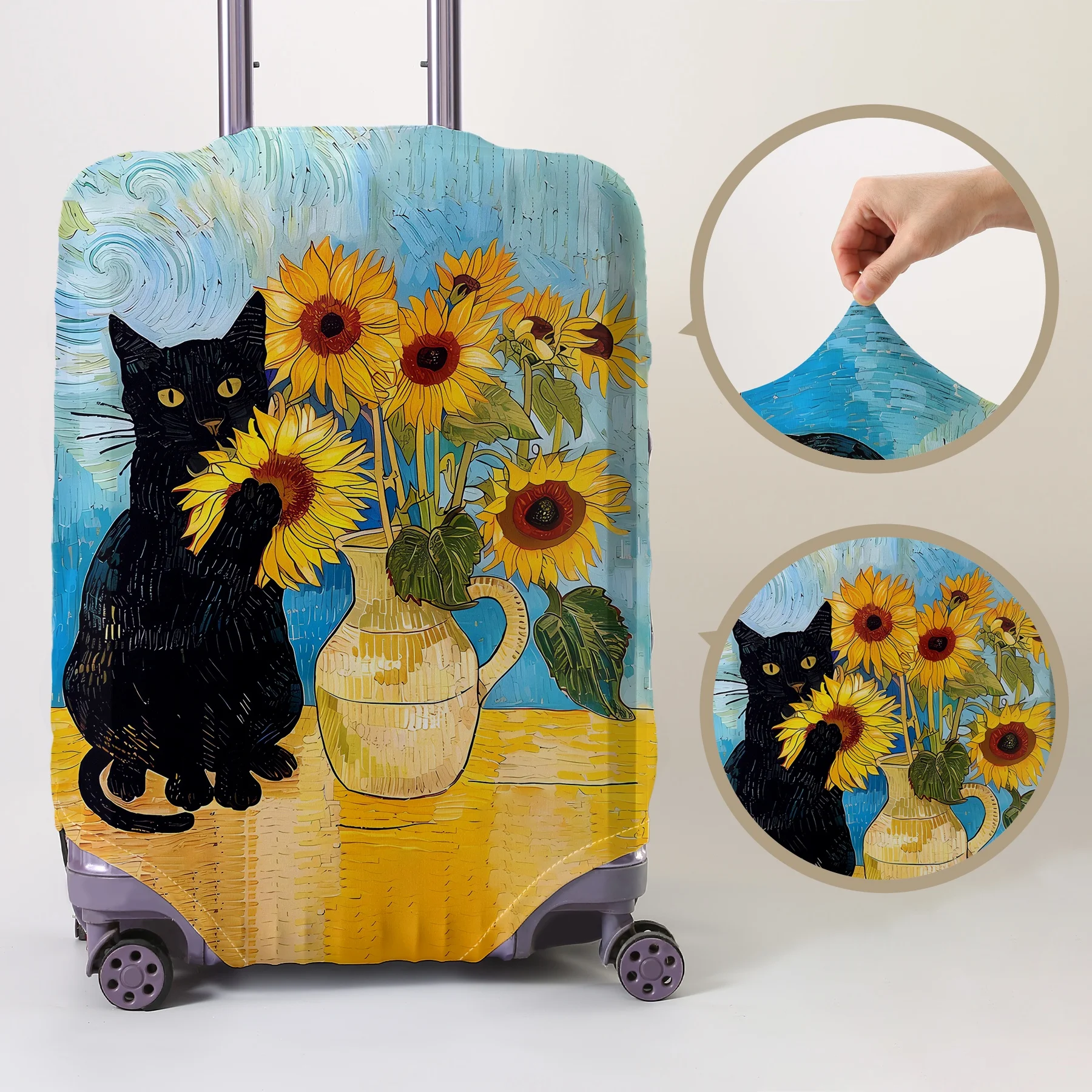

Van Gogh Sunflower and Black Cat Pattern Luggage Protective Cover, suitable for 18-32 inch luggage covers, luggage handle gloves