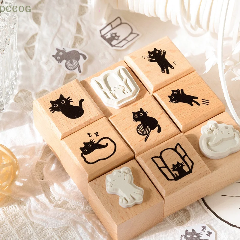 Black Cat Wooden Seal Stamp Cute Kitty Decorative Wood Stamps For Journal Diary Scrapbook Letter DIY Craft Card Making