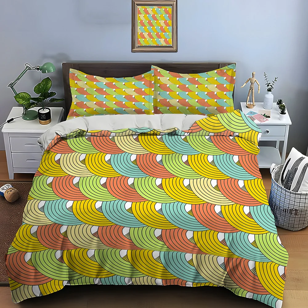 Colorful fan-shaped repeating pattern Bedding Set for Kids Luxury Gift 3pcs Digital Print Comforter Set Soft Comfortable