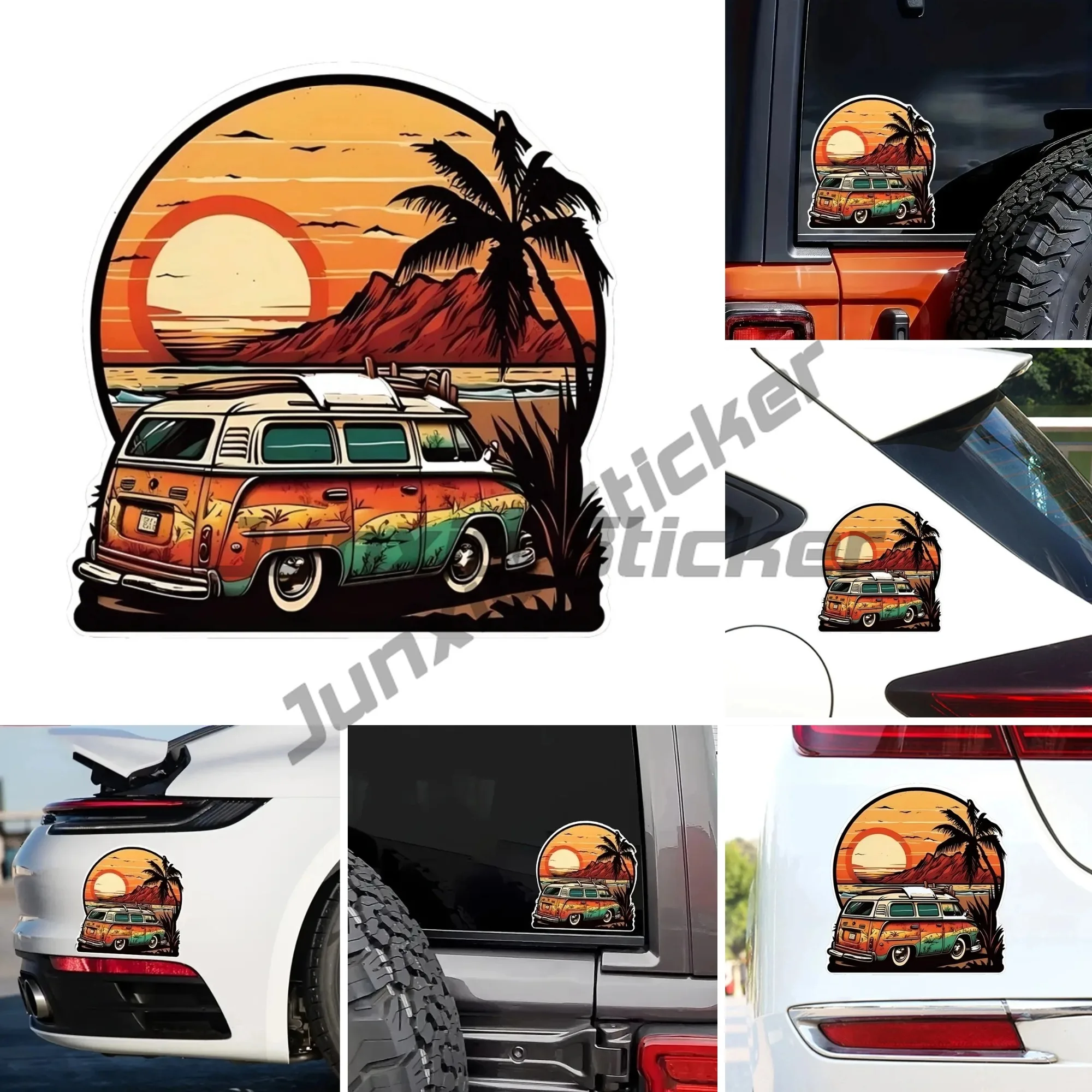 

Vintage Beach Surfing Van PVC Decal - Tropical Sunset Palm Tree Travel Sticker for Car Window, Laptop, Bumper, Wall