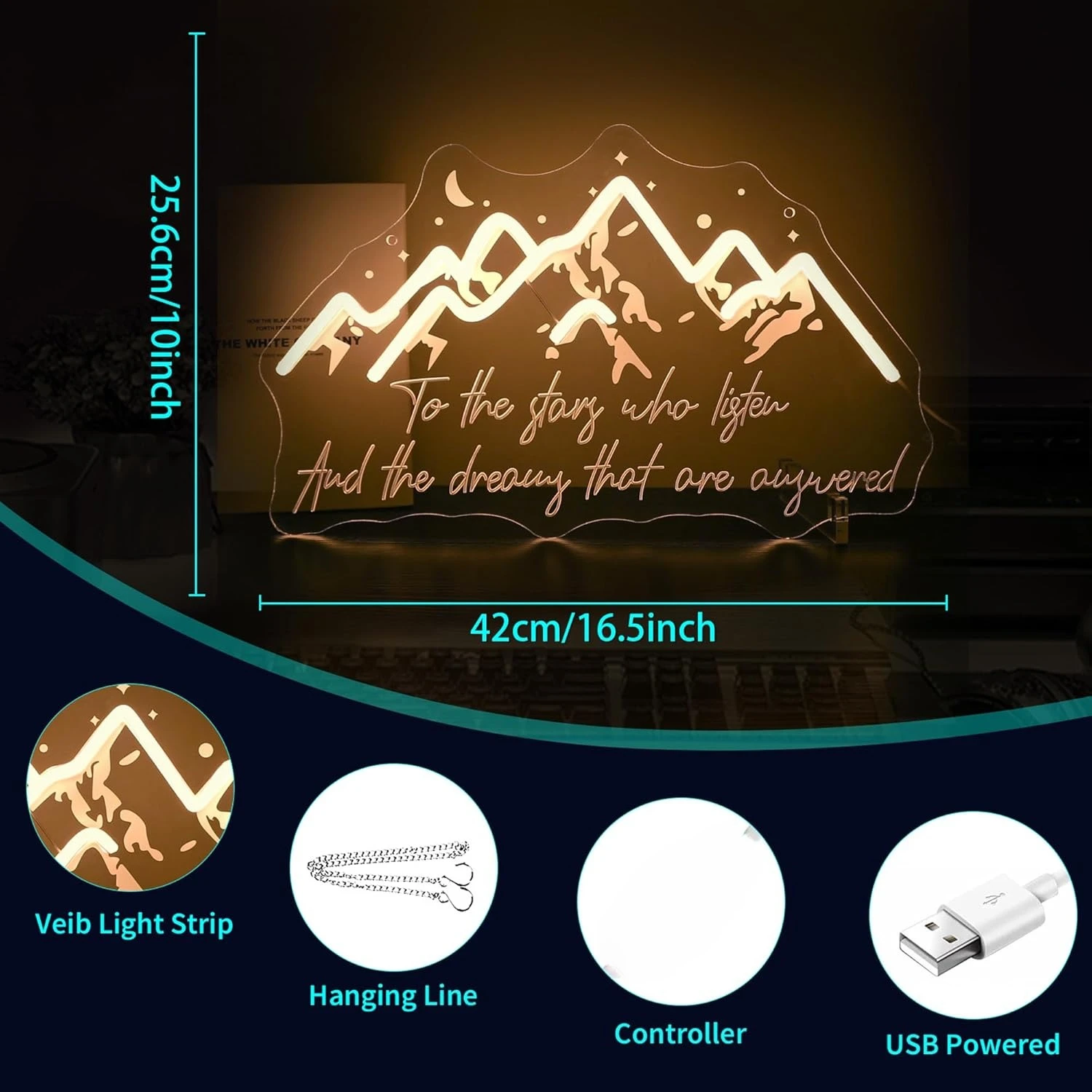 Mountain Stars Moon To The Stars Quote LED Neon Sign USB Dimmable Bedroom Wall Light for Living Room Cafe  Nature Themed Decor