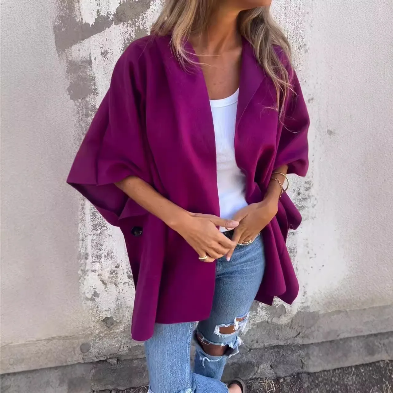 Nueva chaqueta de capa de una pieza con solapa de otoño e invierno para mujer, cárdigan informal holgado con manga Dolman a la moda para mujer, capa con capucha