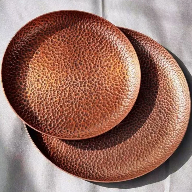 Round Shape Red Copper Cheese Tray,Retro Engraving Hammer Texture Home Portable Food Plate,Snack Fruit Disc Table Decorationk 3