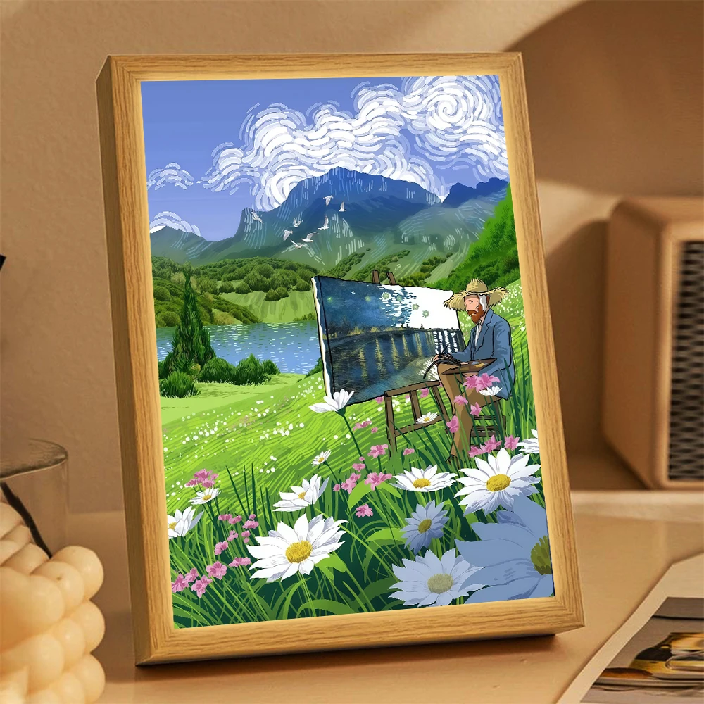 Lukisan Lampu LED Seni Van Gogh Seni Abstrak Hadiah Rumah Lampu Suasana Hati Pengisian Daya USB Dekorasi Ruangan Hadiah Lukisan Hadiah Ulang Tahun