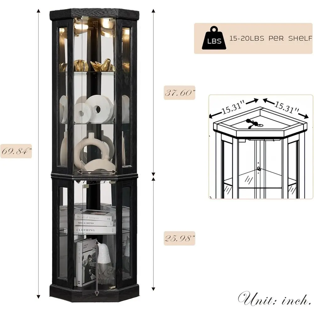 70 Lighted Curio Cabinet, Curved Wood China Display Case with Tempered Glass Door & Adjustable Shelves, Light Bulb Included, Tal