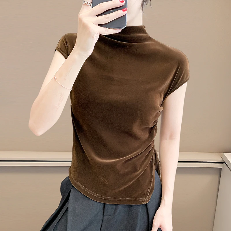 بلوزة مخملية قابلة للعكس لخريف 2025: رقبة وهمية مع رباط وأزرار، تي شيرت متعدد الاستخدامات بظهر أمامي غير متماثل