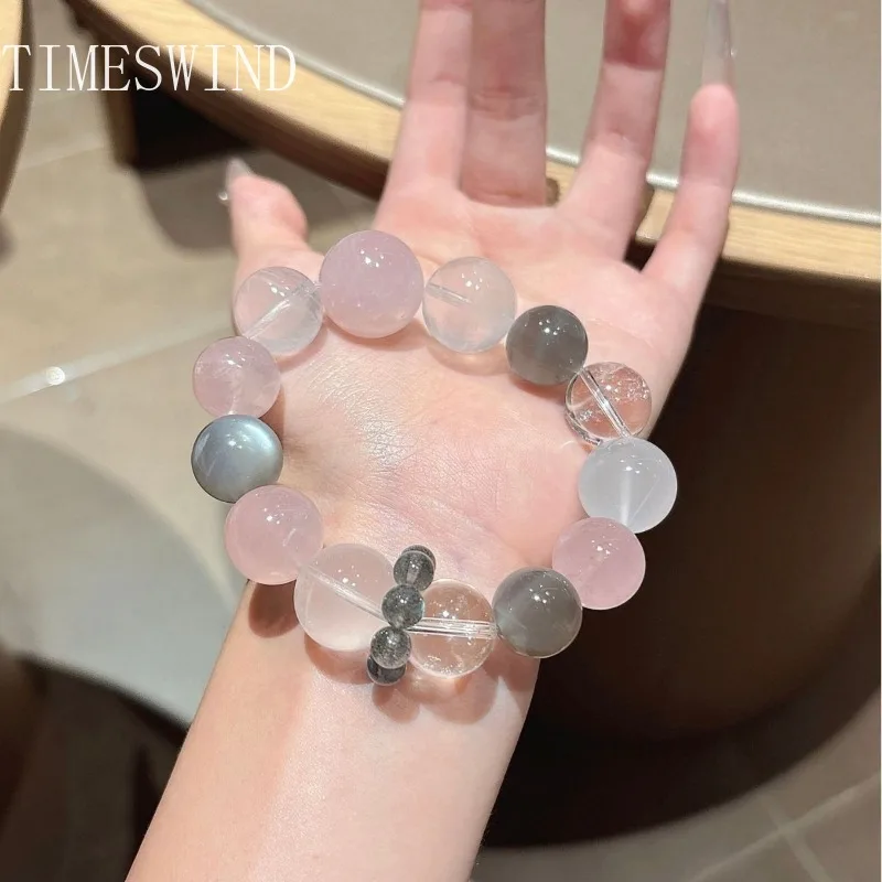 

TIMESWIND Authentic Pink Crystal Grey Moonstone Round Beads Bless Women Bracelet Fashion Jewelry with Certificate