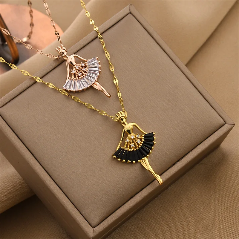 Trendy Top Grade Zircon Ballet Girl Pendant Necklace for Women Fashion Stainless Steel Chain Female Jewelry Girls Gift Wholesale