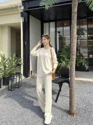 New Casual Simpler Pant Sets Knitted Korean Fashion O-neck Long Sleeve Sweater Tops + Wide Leg Pants 2 Piece Sets Women Outfit