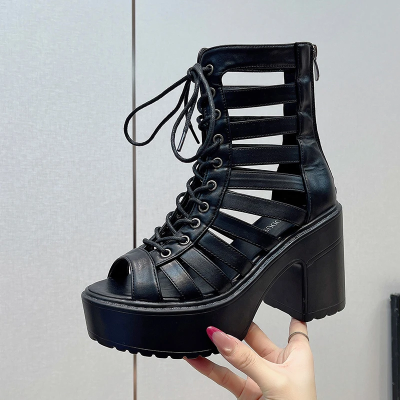 

Black Gladiator Sandals Platform Shoes Block High Heels For Women Lace Up Back Zipper Wedge Sandals Summer High-Tie Shoes