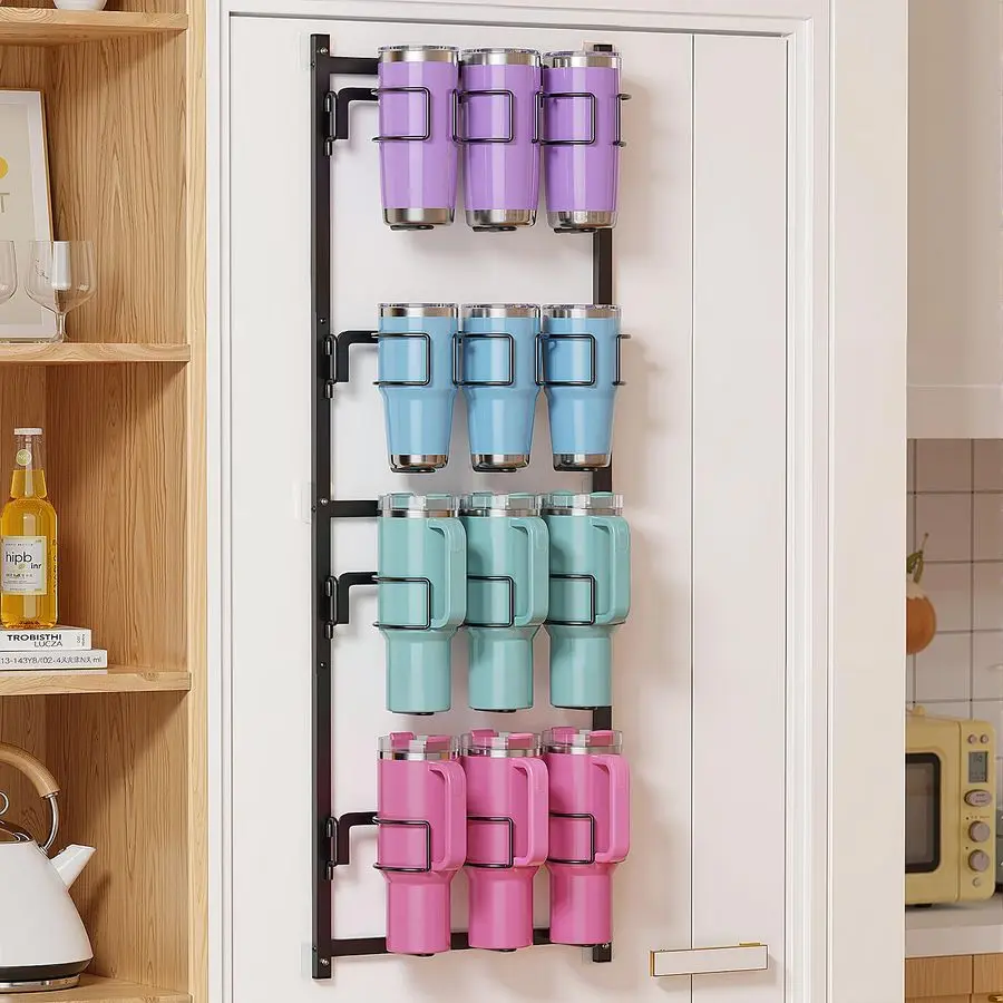 

Water Bottle Organizer, 4 Tier Heavy Duty Metal Tumbler Storage Organizer for 10 to 40 oz Cups, Wall Door Mounted Hanging Cup Ho