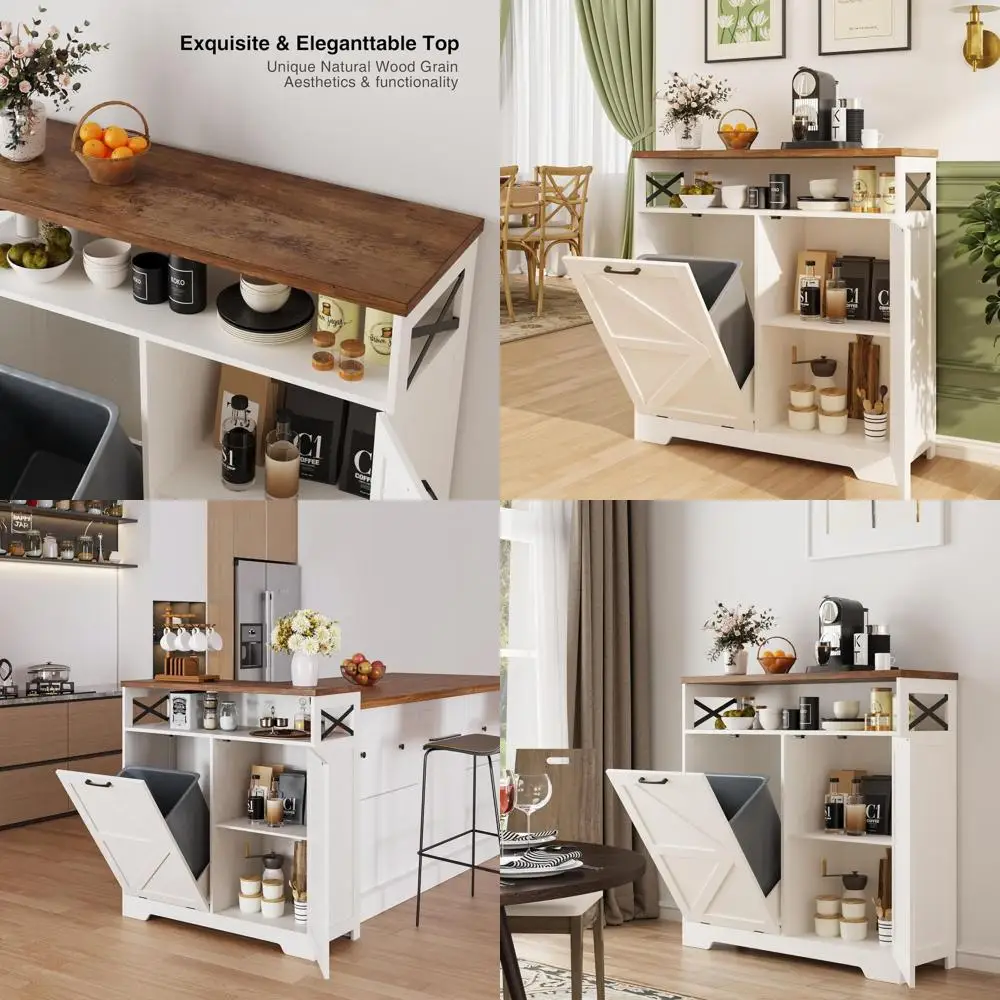 

Белый кухонный островной мусорный бак в стиле фермерского дома с регулируемой полкой и скрытой корзиной для белья