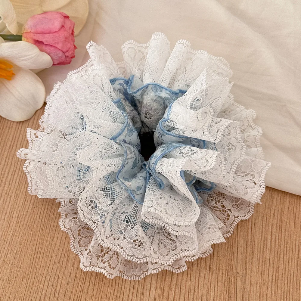 

Fresh holiday style~ Blue and white delicate lace high-end large intestine hair band women's hair tie headband Korean headgear