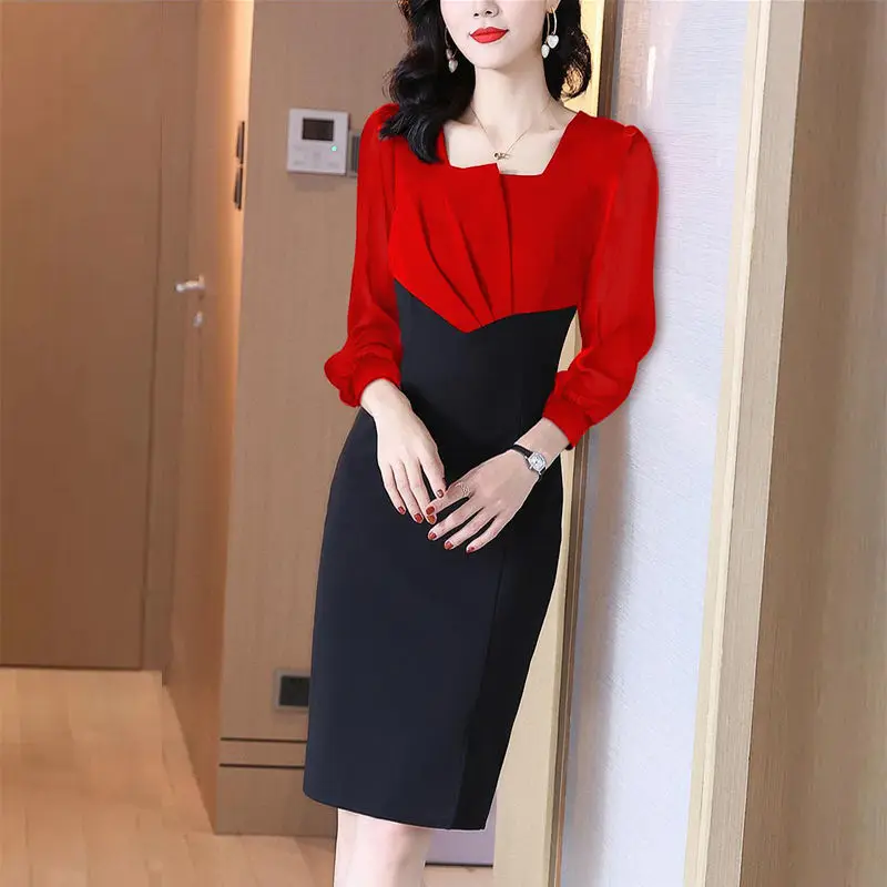 Spring Autumn New Women's Fashion Square Collar Contrast Color Spliced Long Sleeve Elegant Slim Appear Thin Folds Bag Hip Dress