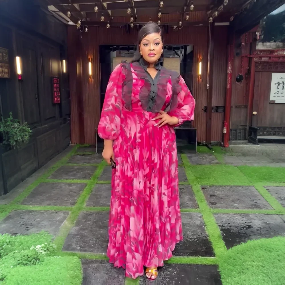 

Elegant African Dresses for Women Print Chiffon Maxi Party Dress Dubai Abaya Turkey Kaftan Ankara Dashiki Africa Clothing Gown