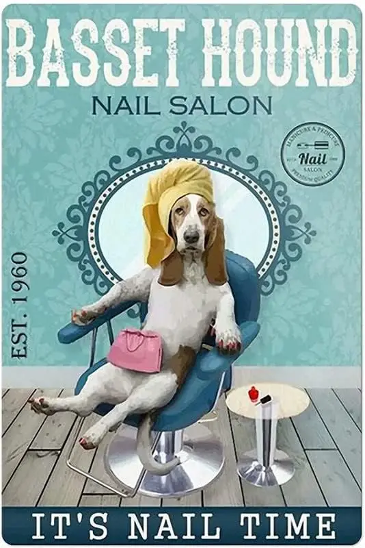 Metal Sign Basset Hound Nail Salon It's Nall Time Signs Vintage Tin Sign Retro Sign Aluminum Signs for Kitchen Home