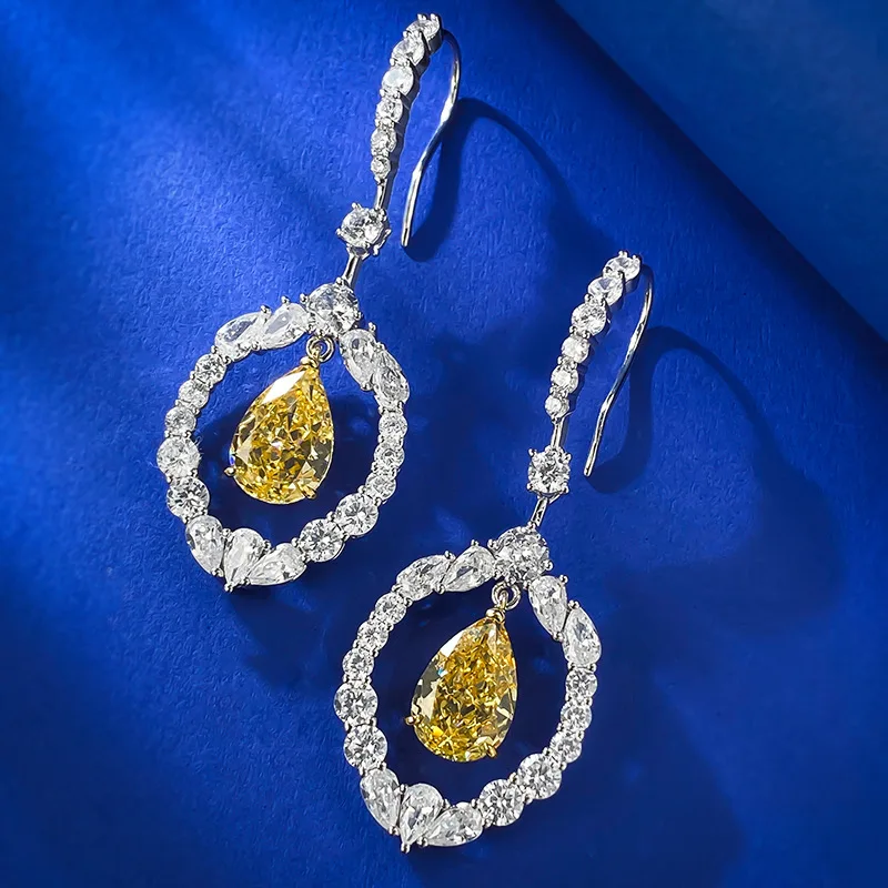 New 925 Silver Ear Hook Women's Luxury Inlaid 8 * 12mm Pear shaped Water Drop Yellow Diamond High Carbon Diamond Earrings