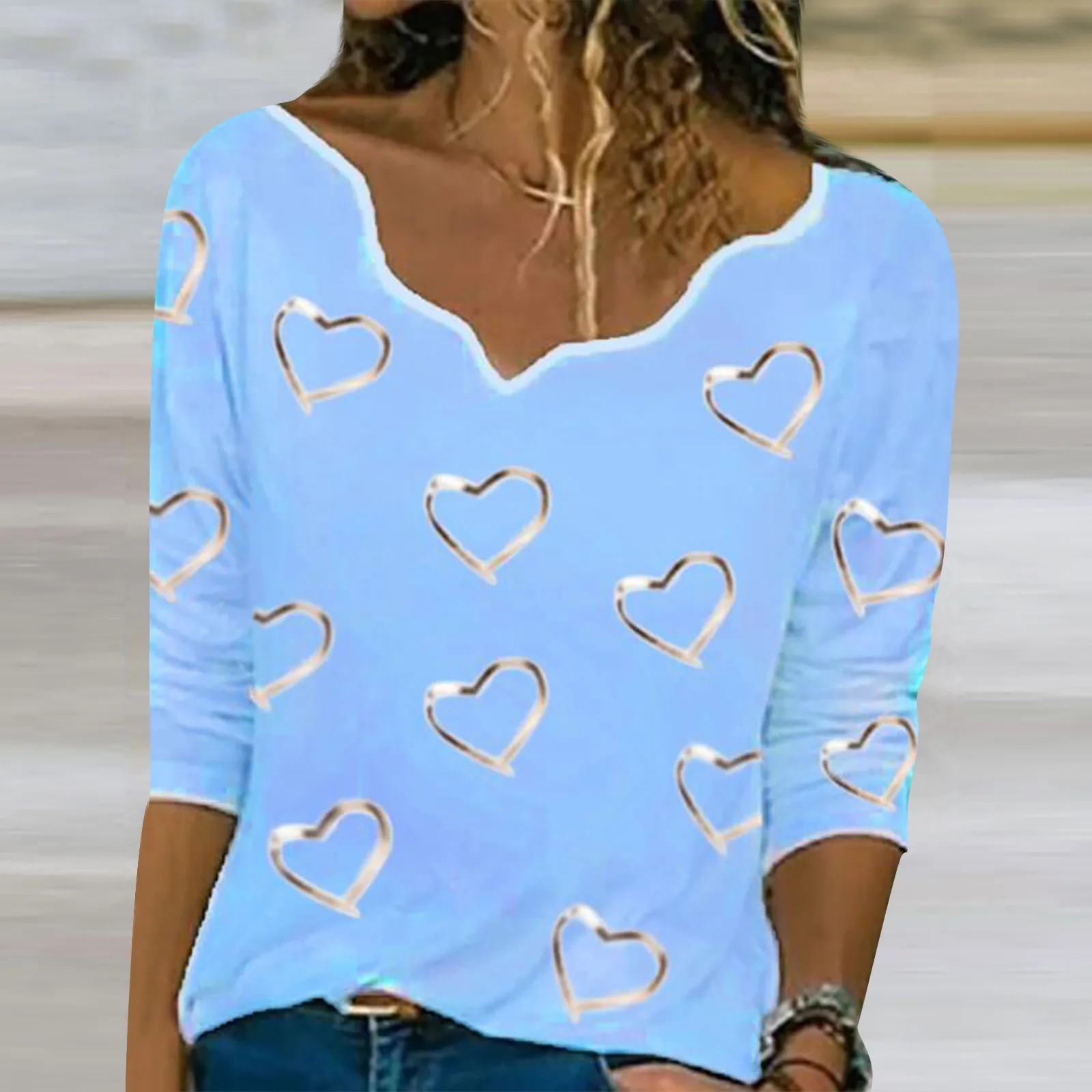 Long Sleeve Women Heart Print Blouse Women Elegant Asymmetrical Hearts Neck T-shirt Pullover Autumn Women Blouses Pullover Tees