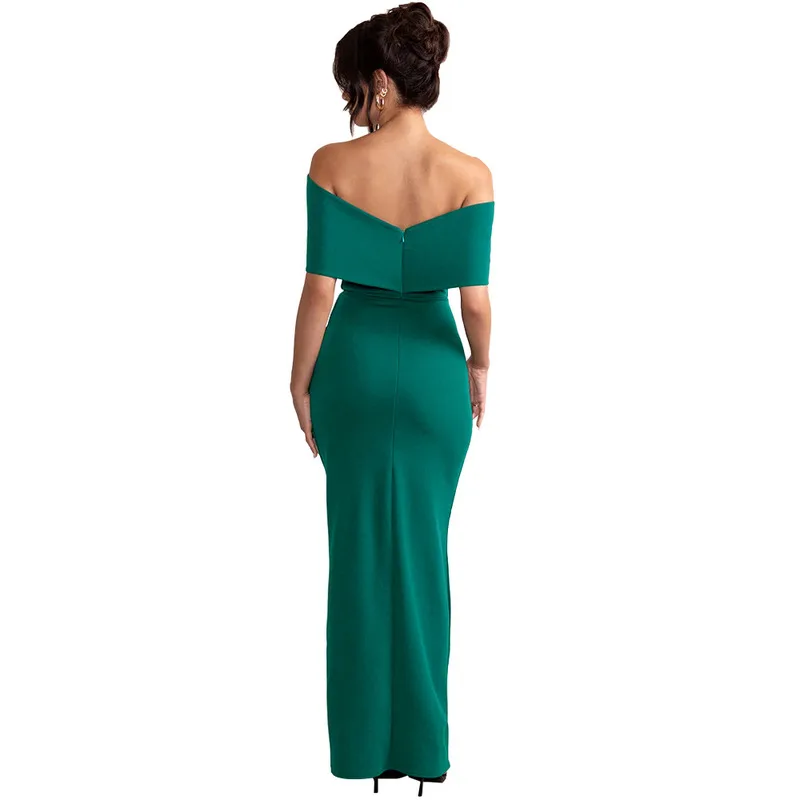 New European American Bow One Line Neck Off Shoulder Birthday Banquet Split Women's Dress Fashionable Elegant Temperament