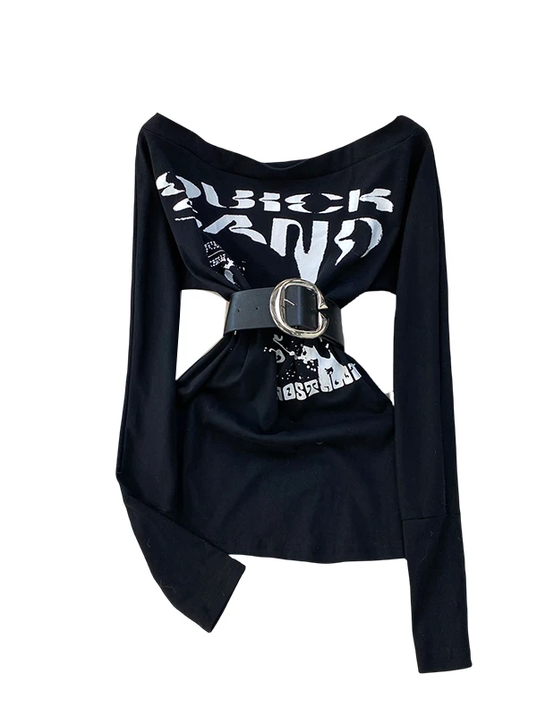 T-shirt sexy American Girl oulder Bared da donna Autunno Inverno Vita retrò Cinching Stampa Top lavorato a maglia High Ne Long Sve