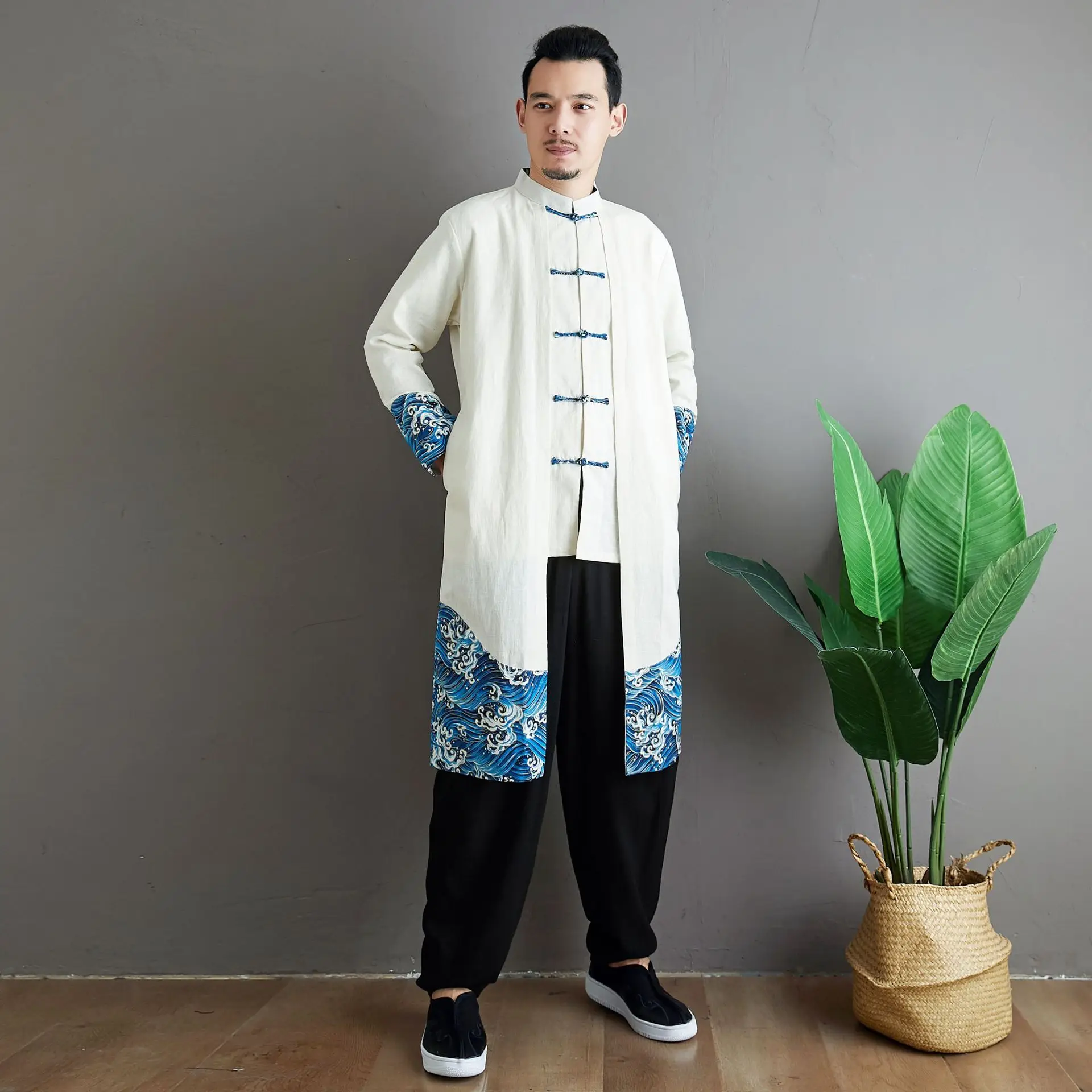 

Men's Cotton and Linen National Chinese Traditional Clothing Tai Ji Suit Martial Arts Kung Fu Performance Fake Two Pieces