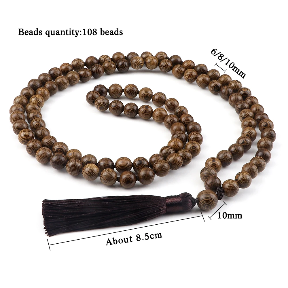 6 8 10mm Vintage 108 Mala Beads Necklace Original Wooden Bead Men Tassel Yoga Meditation Necklaces Women Prayer Buddhist Jewelry