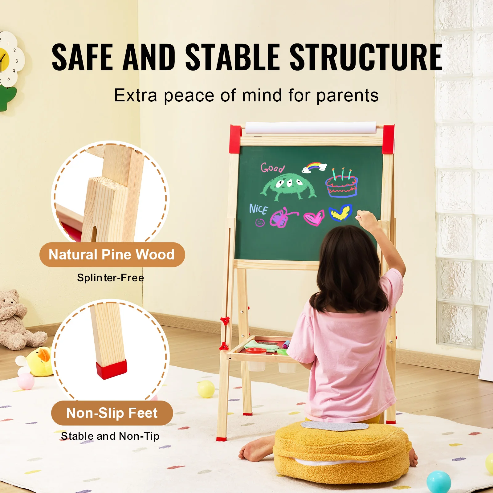 VEVOR Children Magnetic Drawing Board Wooden Double-Sided Kid's Art Easel with Whiteboard Chalkboard for Boys Girls Gifts Toys