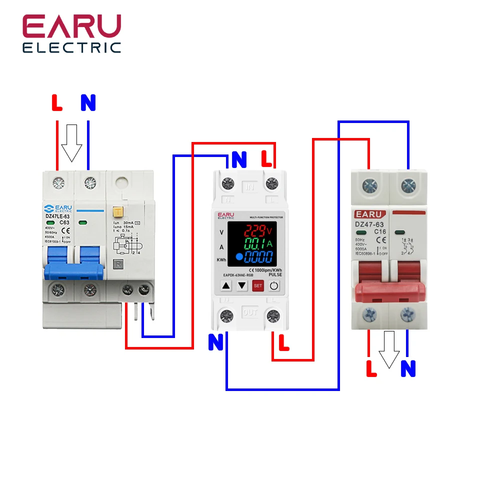 63A 230V 3 w1 wyświetlacz Din szyna regulowana napięcie prądu pod napięciem urządzenie ochronne przekaźnik ochronny 220V KWH czerwony niebieski