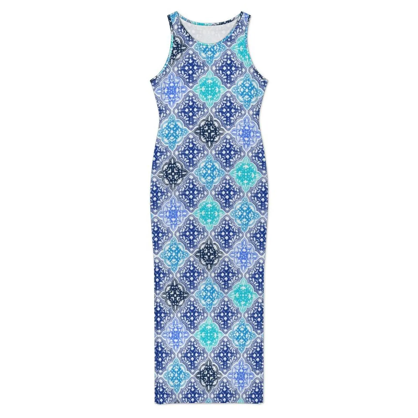 Blue Teal Boho Moroccan Tile Bodycon Dress Spring  Trendy Maxi Dresses Ladies Sleeveless Custom DIY Casual Y2k Dress Big Size