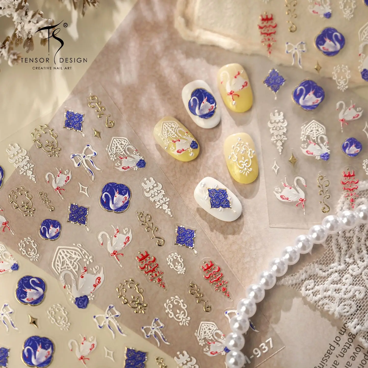 5D Royal Swan Lake Nail Stickers Embossed Ballet Swans with Lace Gold Filigree for Bridal Artistic Porcelain Aesthetic Manicure