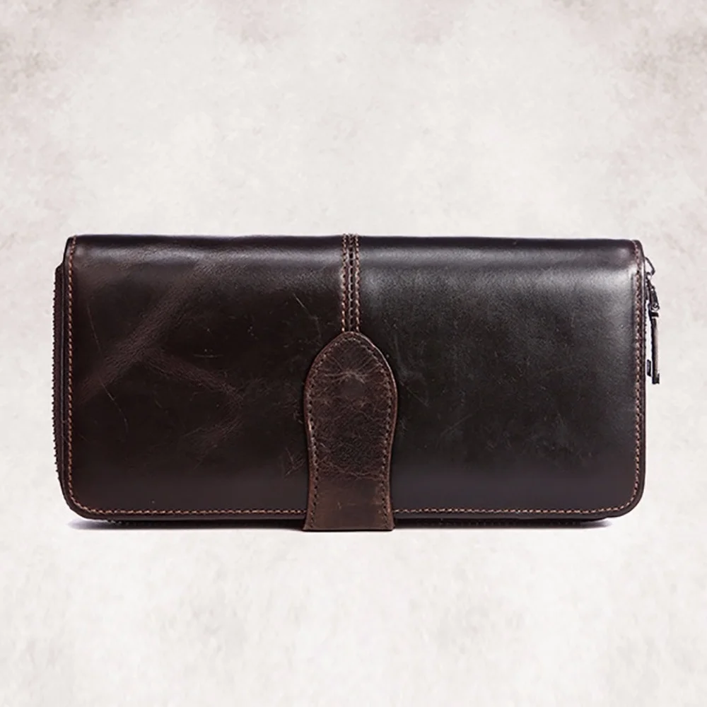 High Quality Oil Wax Genuine Leather Long Wallet Men Famous Brand Clutch Bag Zipper Cash Pocket Card Holder Vintage Bifold Purse