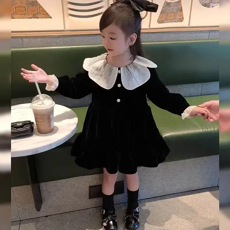 

Girls Velvet Dress Plucked Autumn and Winter New Korean Style Fashionable Baby Black Princess Dress Girl Clothes
