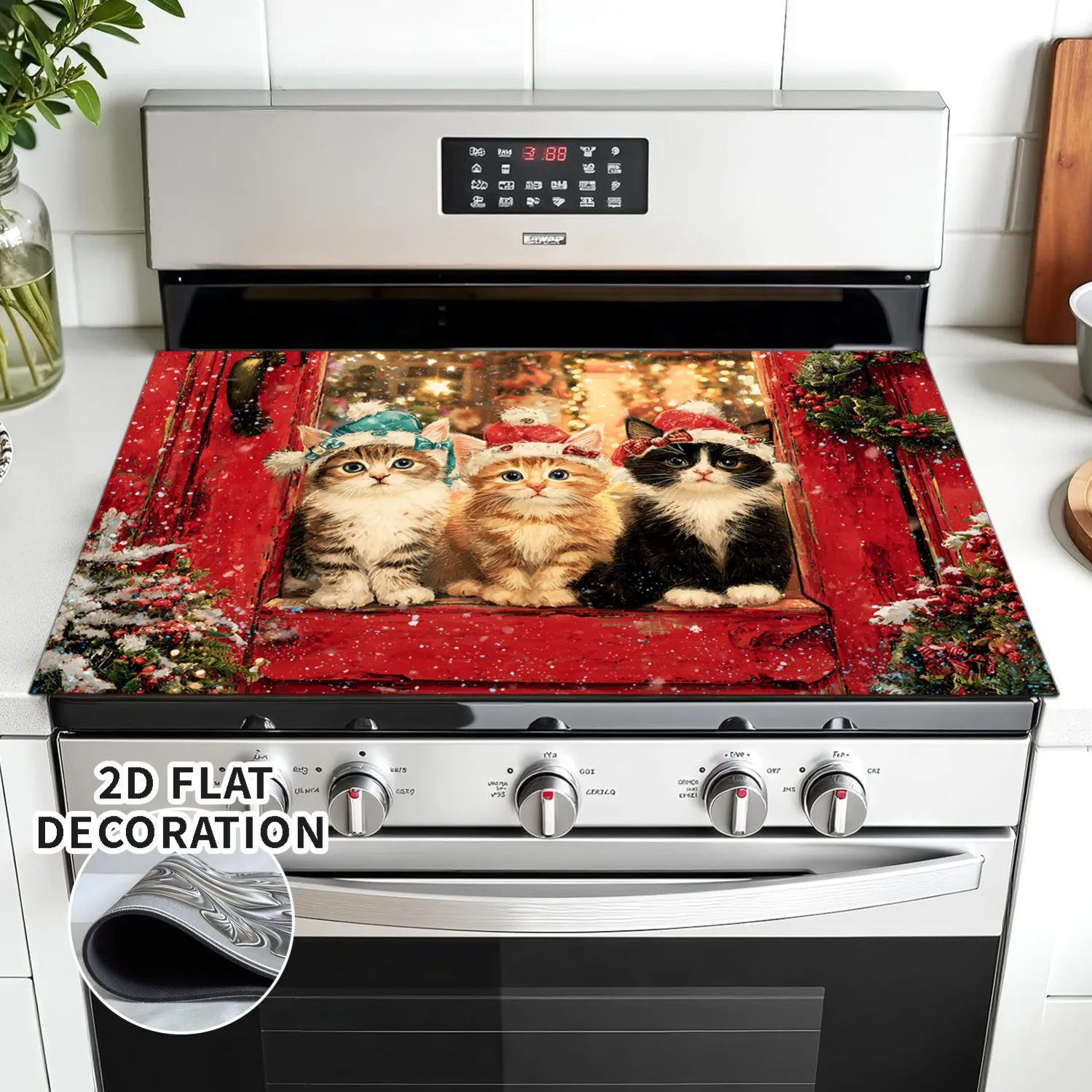 Cute Christmas Kittens In Window Print Stove Top Cover Mat, Non‑Slip Washable Cooktop Pad for Home Kitchen Electric Stove Decor