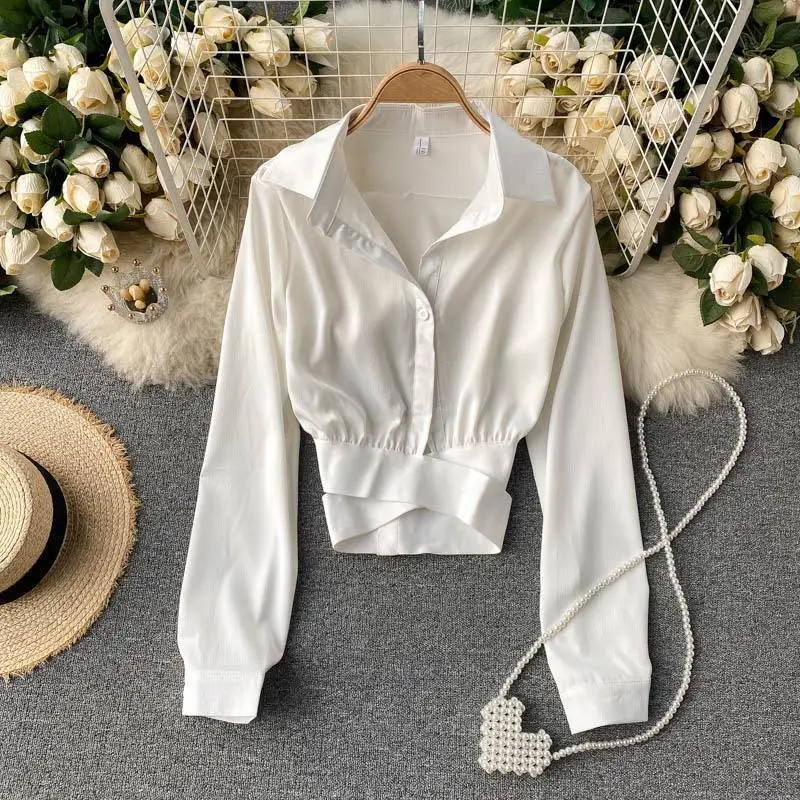 

Spring Blouse Women Stretchy Bandage Waist Stylish Crop Top Versatile