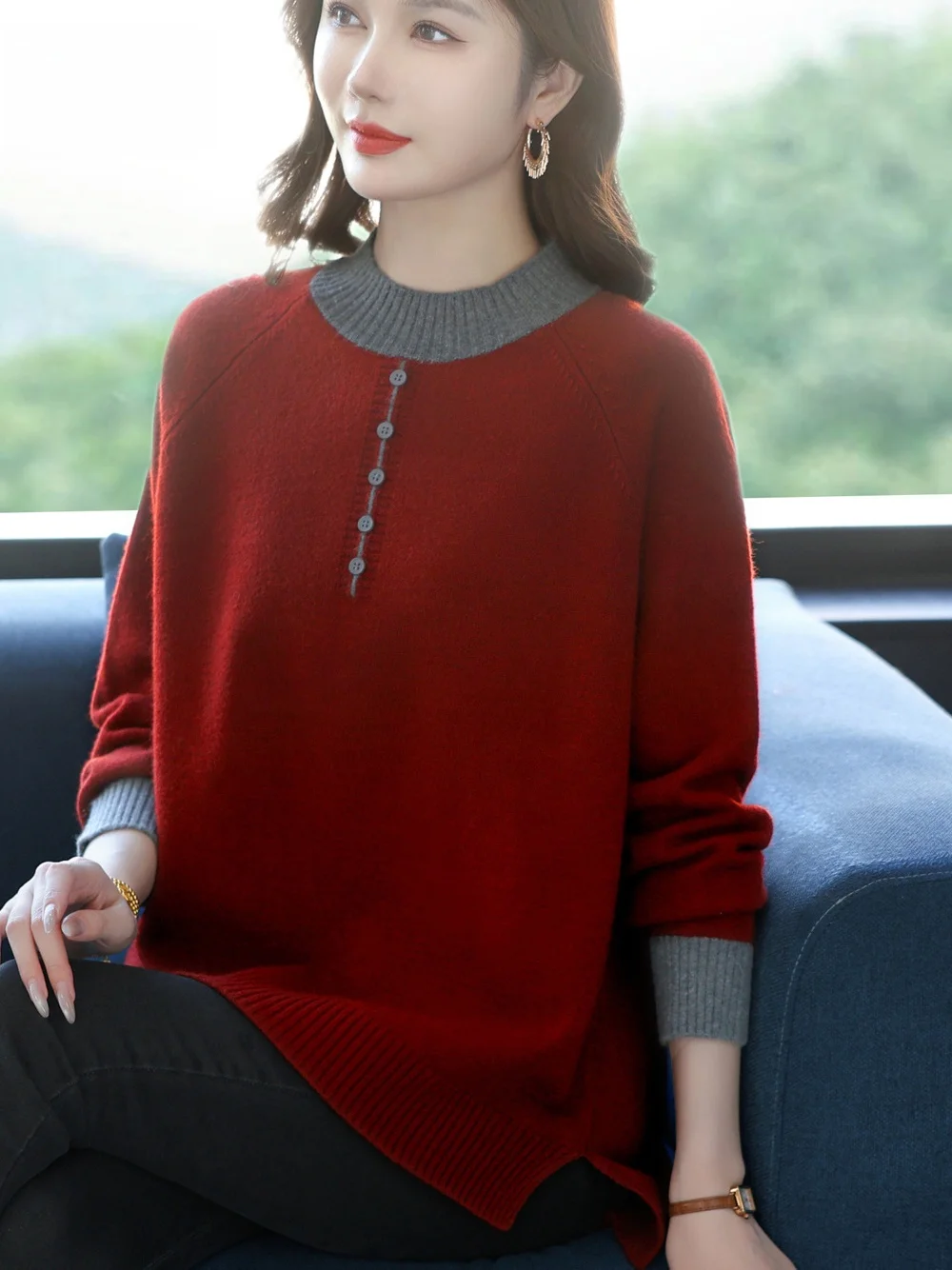 

Модный вязаный свитер, красный круглый, свободный крой, базовый слой, топ для пожилых женщин, теплый слипоны, антистатический, легкий уход