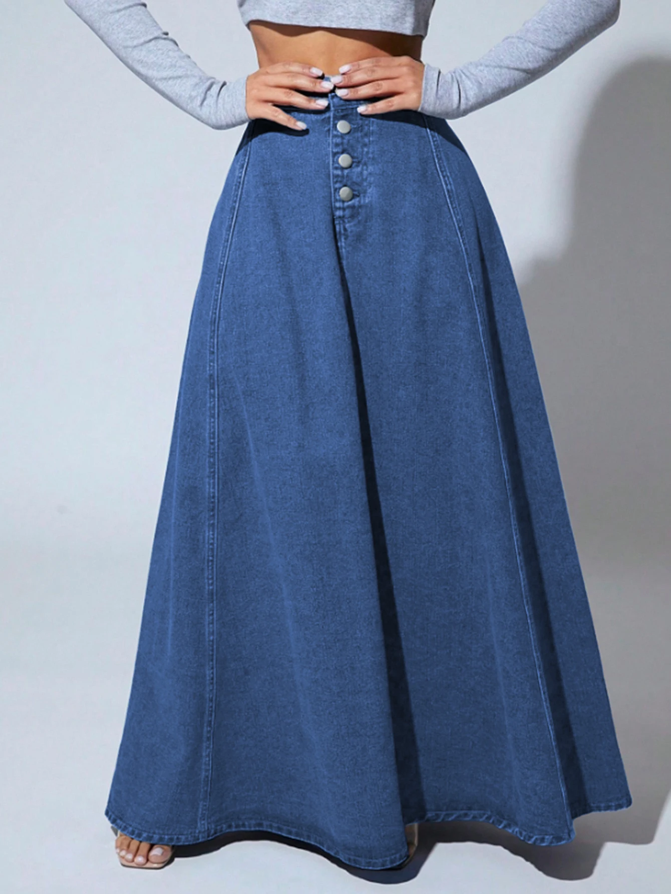 Damen High-Waist Jeans-Maxirock mit Knopfleiste, A-Linie, Vintage, Langer Jeansrock, Lässiger ausgestellter Rock – Detail 9