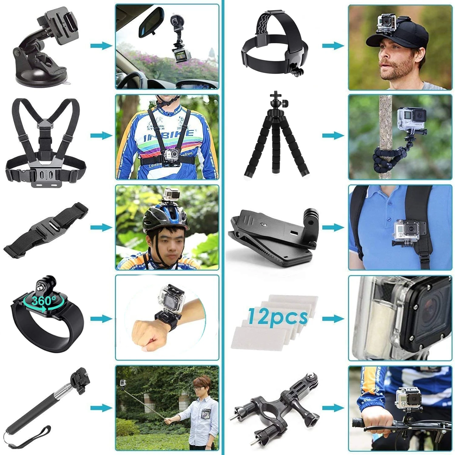 Action Camera Accessories Set For Gopro Hero 12 11 10 For Xiaomi Yi Insta360 X4 X3 Case Kit Strap Mount Selfie Stick Motorcycle