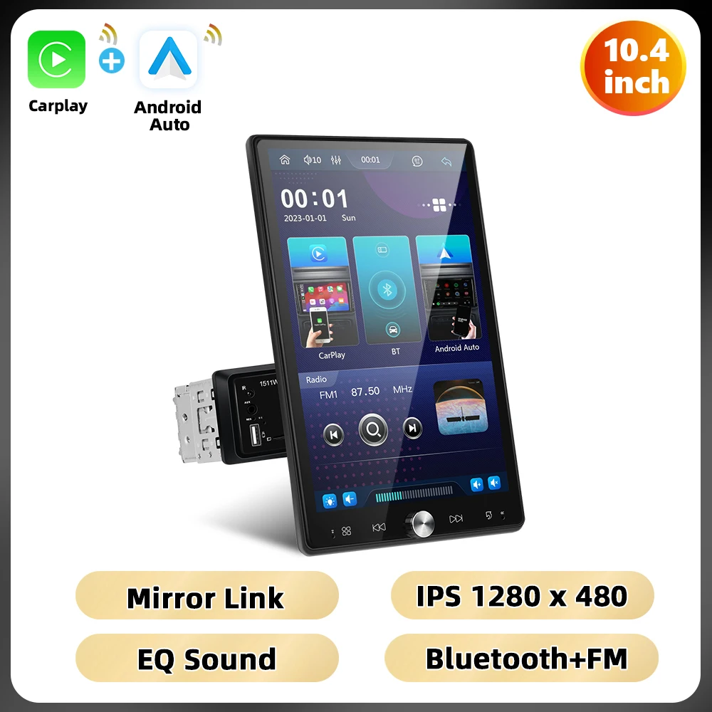 Podofo 1Din Multimedia Speler 10.4 ''IPS Touchscreen Autoradio CarPlay Android Auto EQ Mirror Link Bluetooth FM/RDS Autoradio