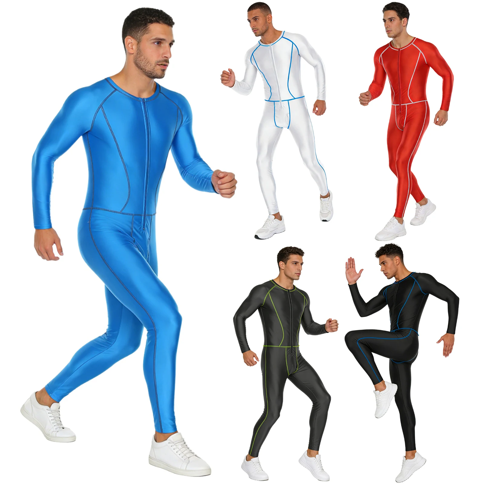 

Мужской глянцевый тонкий комбинезон, купальник, внешний купальник с плоскими швами, молния спереди, длинные рукава, длинные брюки, компрессионный комбинезон, боди, купальный костюм