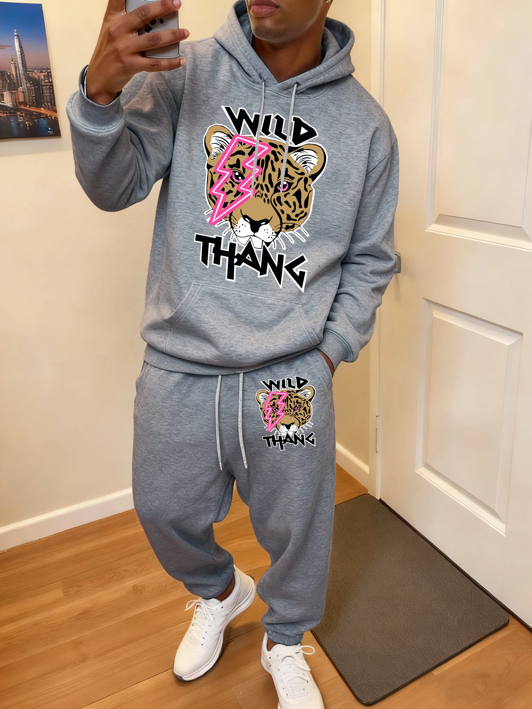 

Lightning Tiger Wild Thank Print Men Basic Hoodie Set Pocket Loose Jogging Pants Casual Fleece Sportswear Autumn Comfy Sweatpant