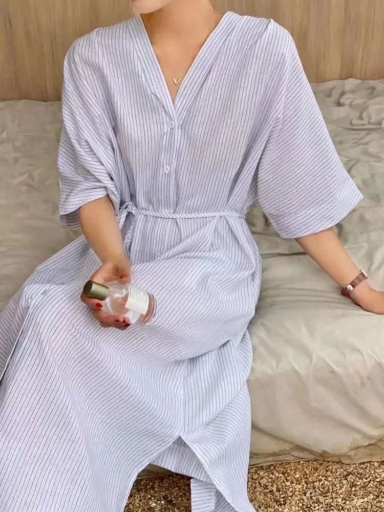 Zomer vintage gestreept linnen shirt vrouwen jurk nieuwe korte mouw casual losse enkele rij knopen v-hals dames jurk vestidos