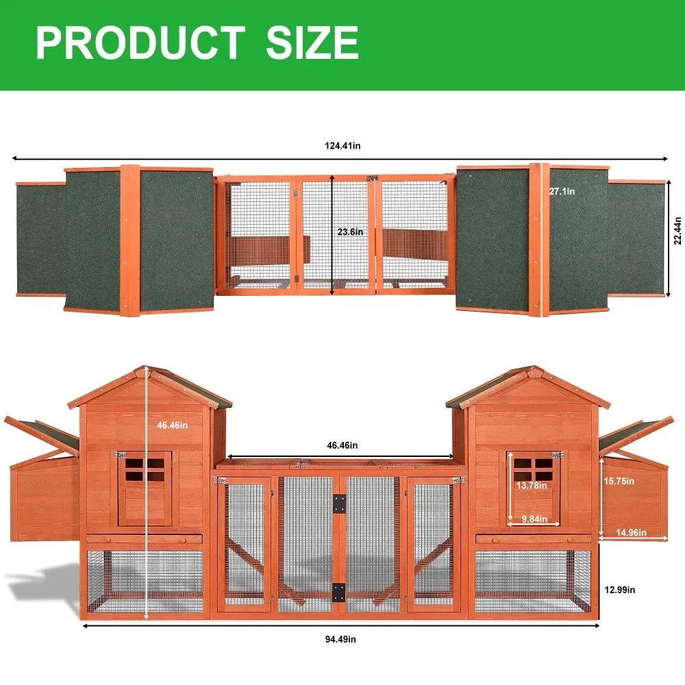 Pollo Coop, conejera con puerta de ventilación, jardín, patio trasero, casa para mascotas, caja anidada para pollos, jaula grande para gallinas de 124 ", casa para conejos