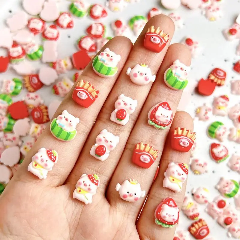 20PCS Cute Powder Blusher Srawberry Piglet Nail Charms Cartoon Watermelon Pig Resin Nail Art Decorations for DIY Phone Case Nail